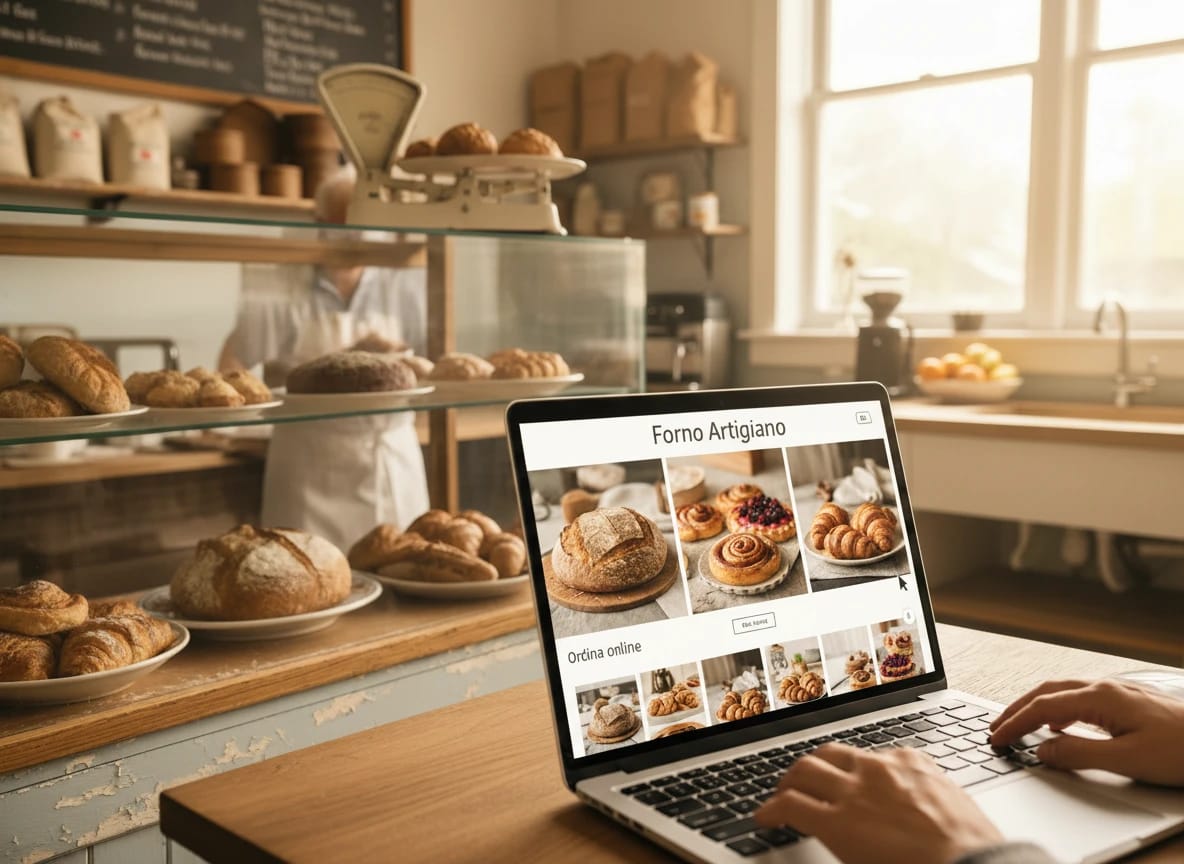 Ingresso di una bottega di quartiere italiana con espositori di frutta e luce naturale sulla facciata